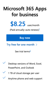 Microsoft 365 Apps for Business cost breakdown screenshot